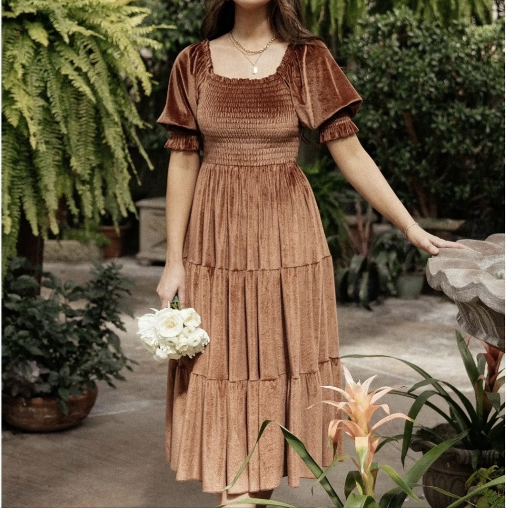Baltic Born Vivaldi Smocked Brown Velvet Midi Dress